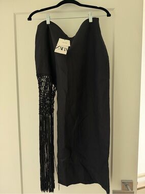 Zara Black Linen Skirt with Fringe Detail